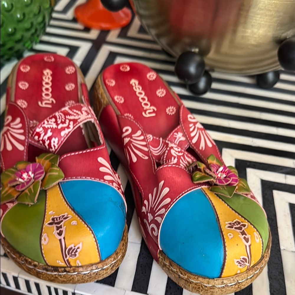Red and Blue Hand-Painted Mules with